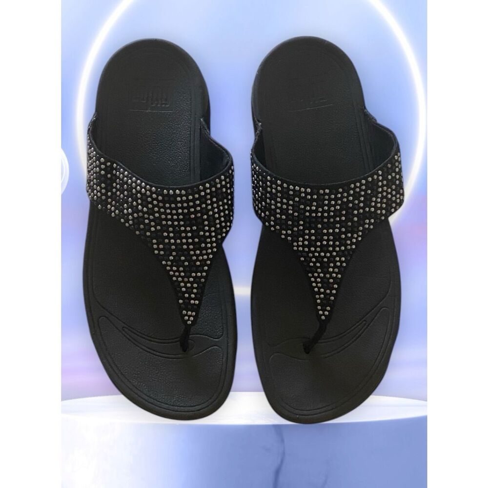 FITFLOP Sandals Thong Studded Sparkle Slide Black Size 8